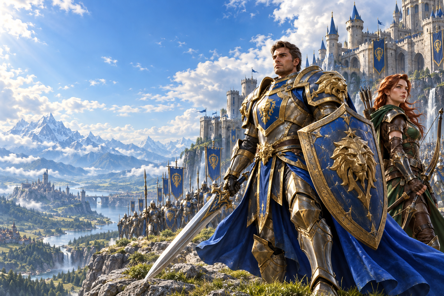 An armored commander and ranger in front of a royal fortress and army